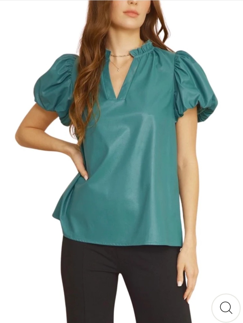 Entro Faux Leather Short Sleeve Ruffle V Neck Top in Teal Size L